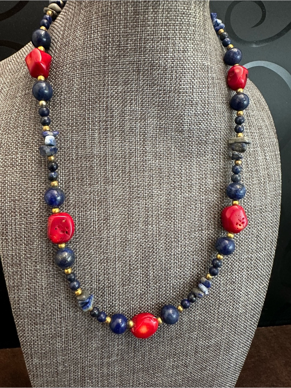 Blue Lapis Lazuli and Red Coral Beaded Women's Necklace